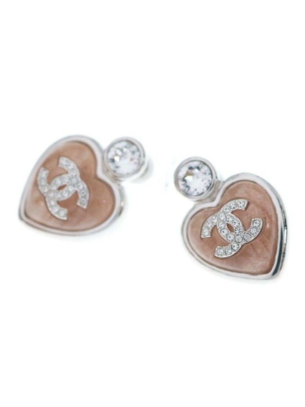Chanel CC Logo Strass Heart Earrings Rhinestone Metal Beige Silver